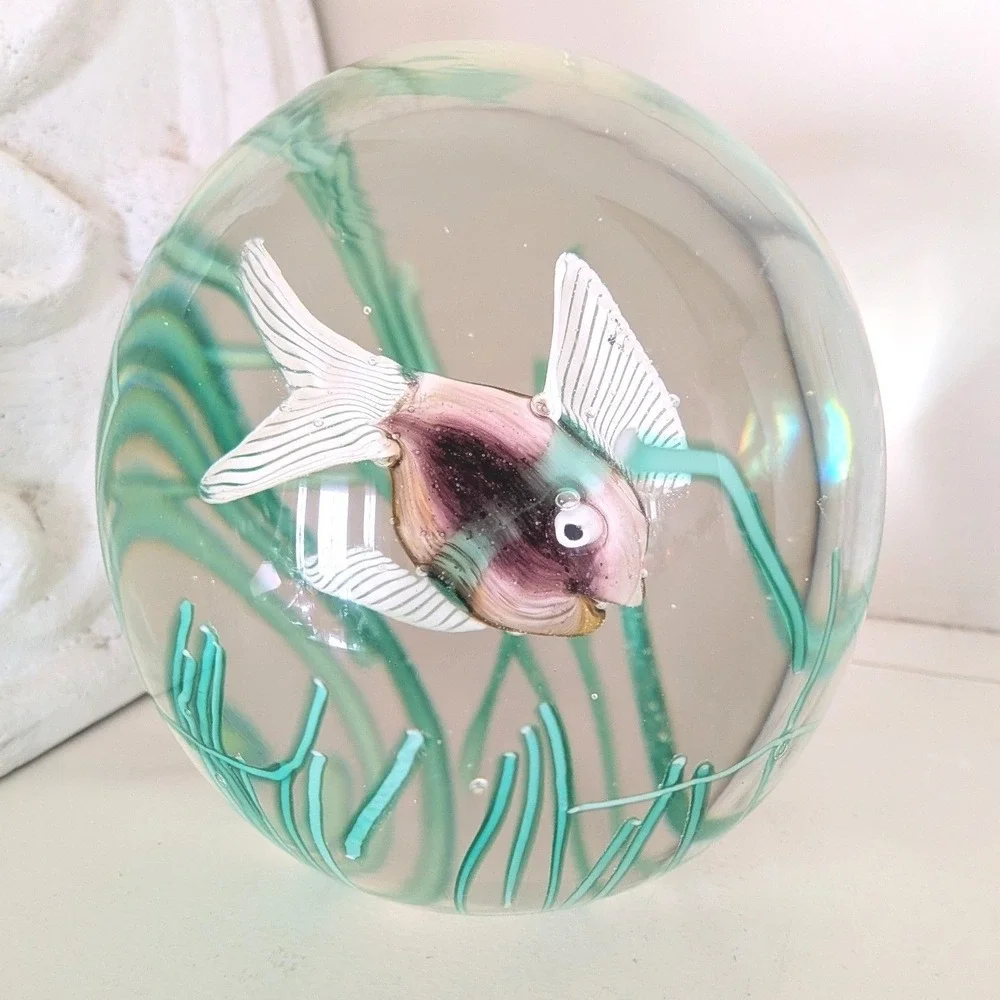 Vtg Fratelli Toso Murano Purple/Yellow Fish Seaweed Paperweight Glass Aquarium - Picture 9 of 9